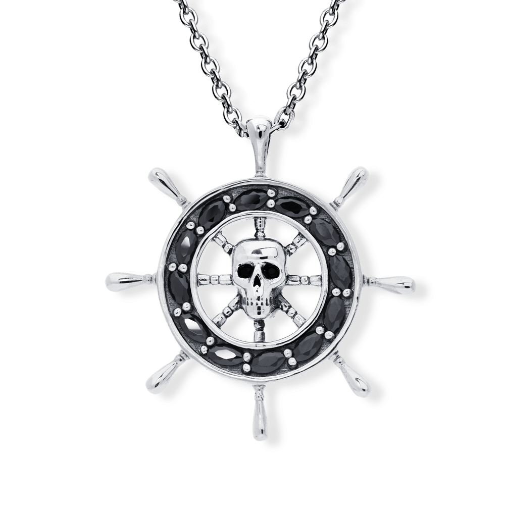Silver pendant for men pirate bar with central skull black stone 4