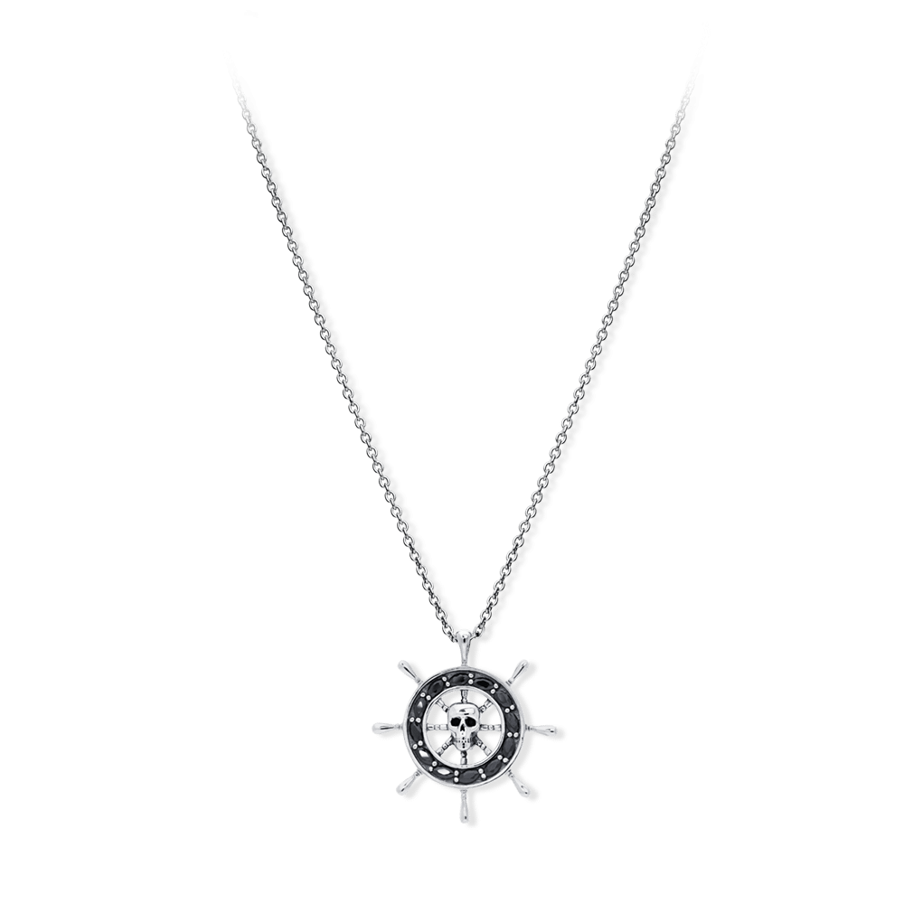 Silver pendant for men pirate bar with central skull black stone 5