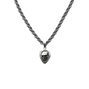 Collier chaine argent massive big fantaisie pendentif tête de mort et médiator pierre noire 3