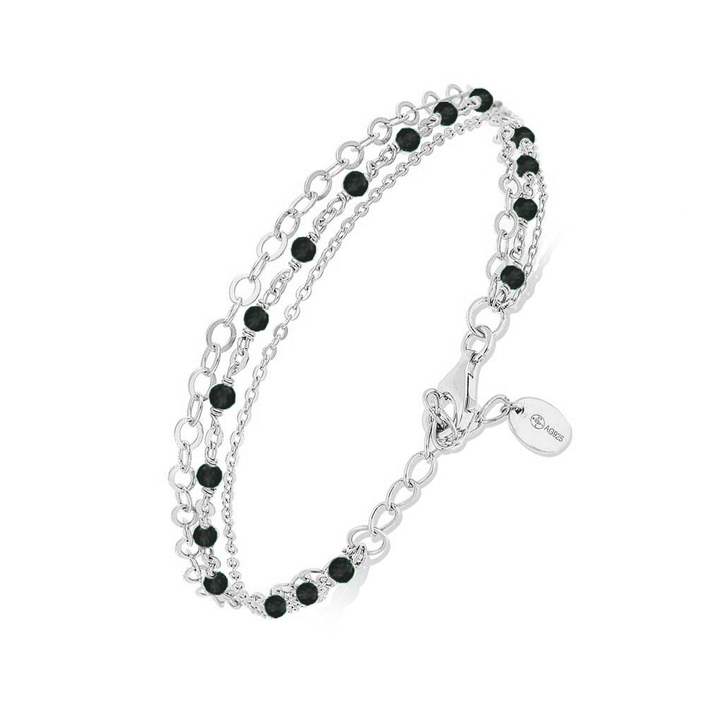 Bracelet argent rhodié triple chaine petite perles pierre spinelles noires