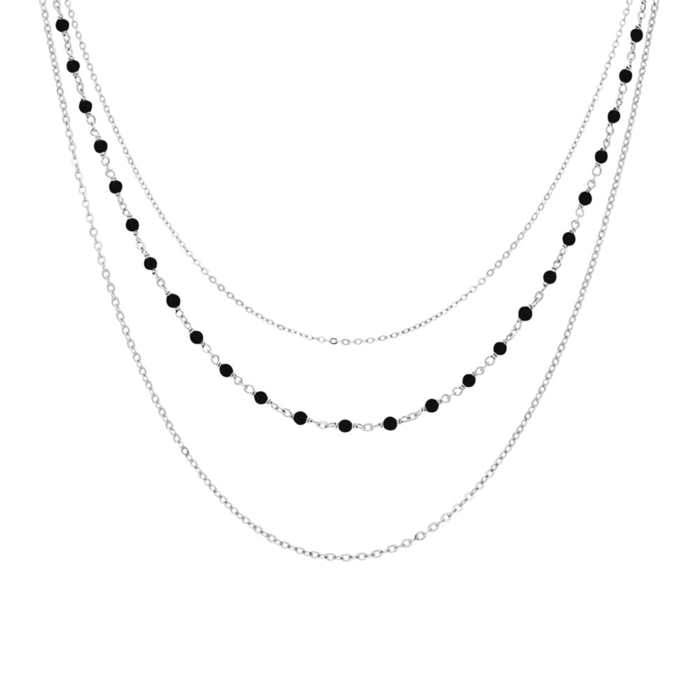 Collier argent rhodié triple collier petite perles spinelle noire