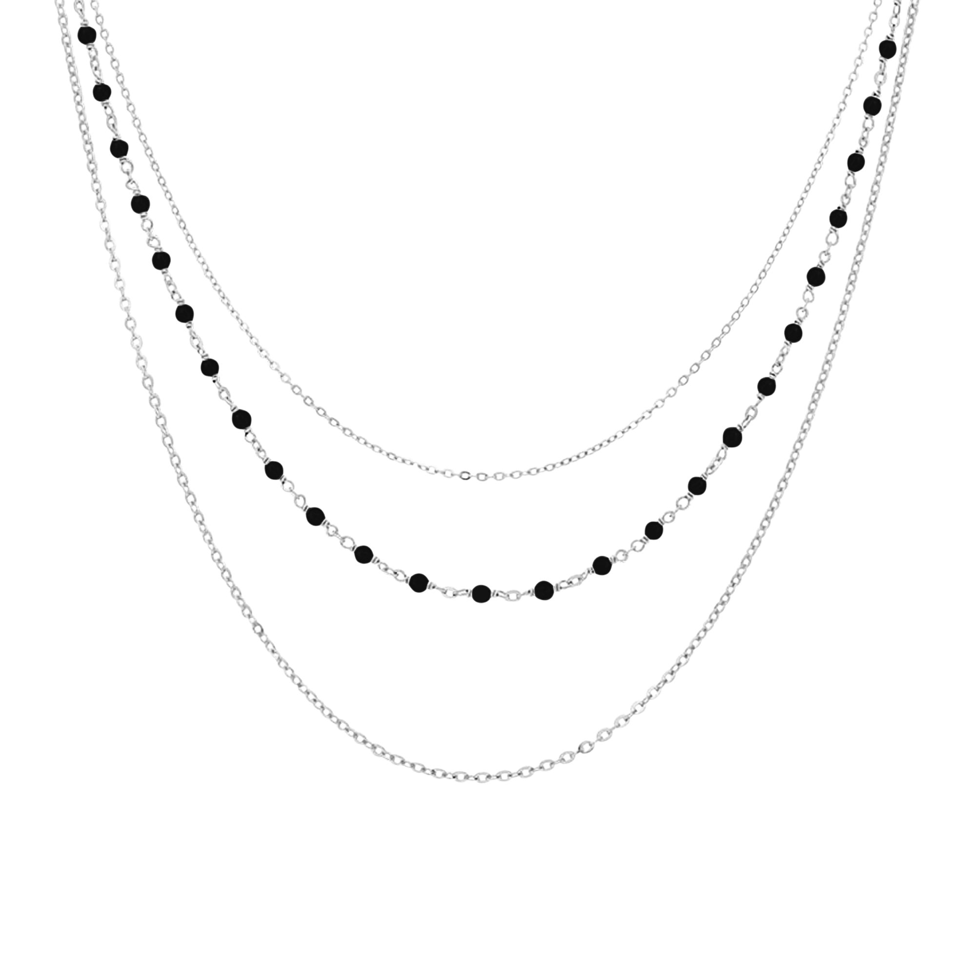 ☆COD015_NOIRRH Collier argent rhodié triple collier petite perles spinelle noire 1