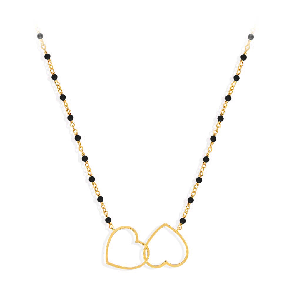 Collier argent doré double cœur et pierre noir